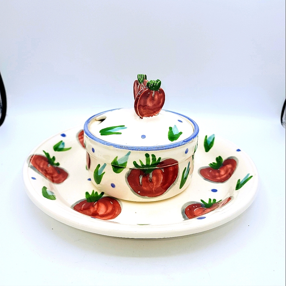 1990 Hand Painted Lidded Pottery Bowl & Plate Set Tomato Motif Vermont Signed - Picture 14 of 14